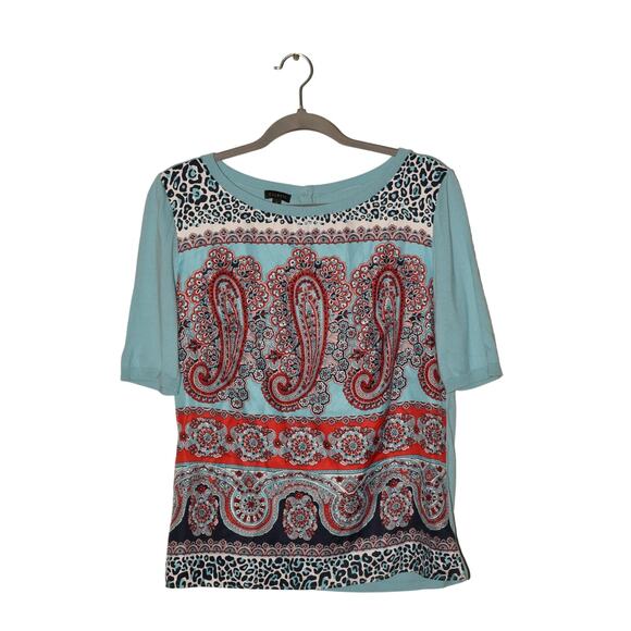 TALBOTS $68 Blue Paisley Leopard Print Lightweight Woven Knit‎ Sweater Small - Picture 1 of 3